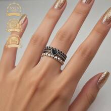 1入組S925純銀黑色心形復古朋克嘻哈中空女士戒指，可調整 - 銀色 - 查看 3