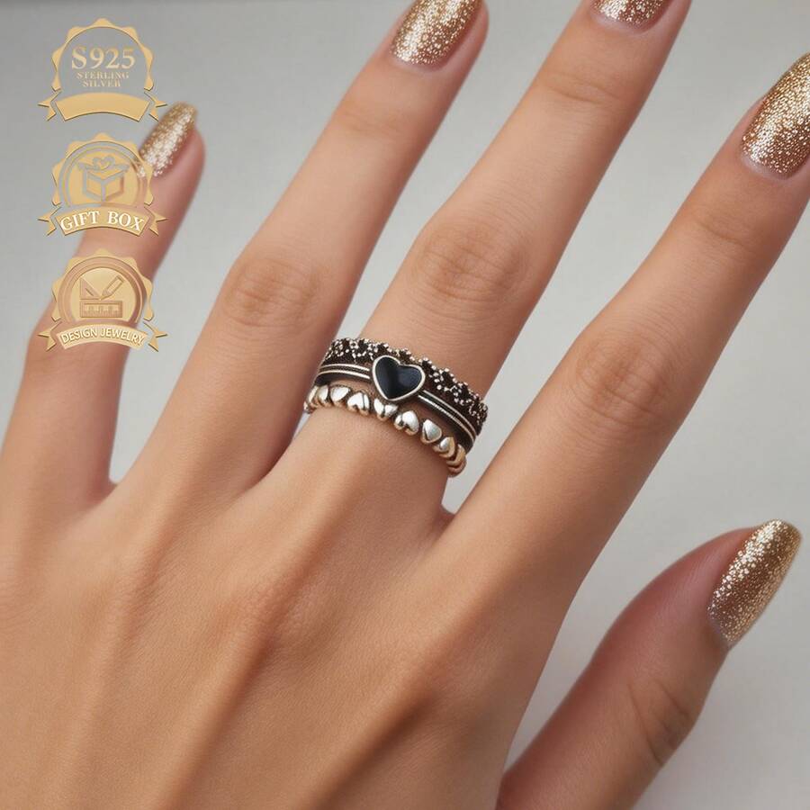 1pc S925 Silver Black Heart Shaped Retro Punk Hip-Hop Hollow-Out Women Ring, Adjustable