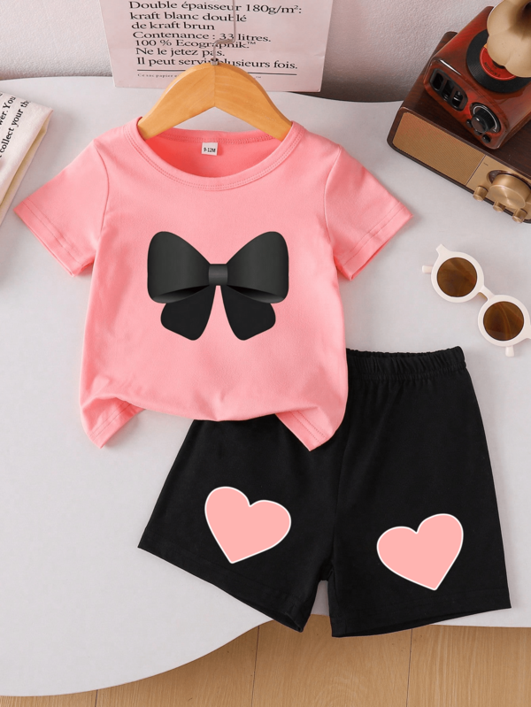 Baby Girls' Bow & Heart Print T-Shirt And Shorts Set, Spring/Summer