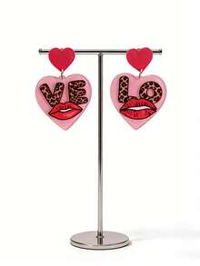 Pink Snail 1 Pair Creative Red Lip & Heart Acrylic Drop Dangle Earrings, Funny Statement Earrings For Women, Girls, Suitable For Valentine's Day, Summer, Winter, Vacation, Holiday, Beach Party, Gifts For Her, Couples - Red Lips and a Heart - View 1