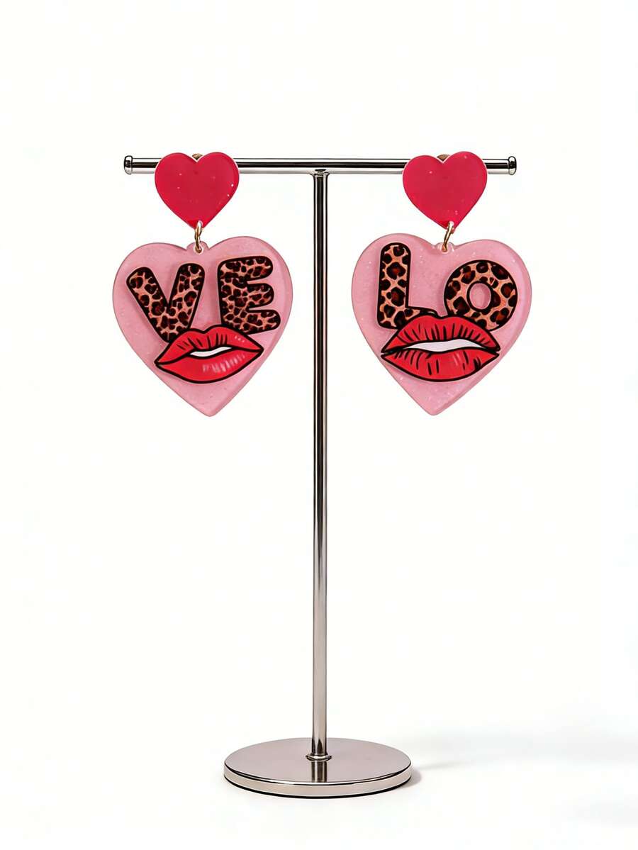 Pink Snail 1 Pair Creative Red Lip & Heart Acrylic Drop Dangle Earrings, Funny Statement Earrings For Women, Girls, Suitable For Valentine's Day, Summer, Winter, Vacation, Holiday, Beach Party, Gifts For Her, Couples - Red Lips and a Heart - View 1