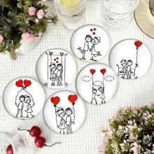 Minimalist Hand-Painted Couple Theme Coasters, Depicting Romantic Everyday Moments Like Swinging, Holding Hands, Hugging, And Sitting On A Bench, Using Simple Black Lines And Vibrant Red Heart Elements (Balloons, Floating Hearts). The Minimalist Black And White Line Art With Striking Red Hearts Conveys A Pure, Sweet Atmosphere Of Love. - Wooden Board-circle Coaster - View 1