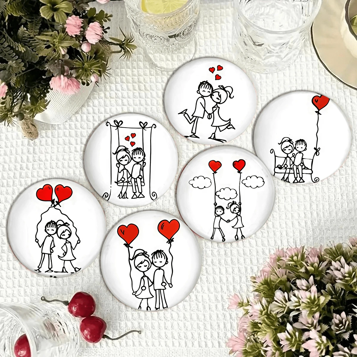 Minimalist Hand-Painted Couple Theme Coasters, Depicting Romantic Everyday Moments Like Swinging, Holding Hands, Hugging, And Sitting On A Bench, Using Simple Black Lines And Vibrant Red Heart Elements (Balloons, Floating Hearts). The Minimalist Black And White Line Art With Striking Red Hearts Conveys A Pure, Sweet Atmosphere Of Love. - Wooden Board-circle Coaster - View 1