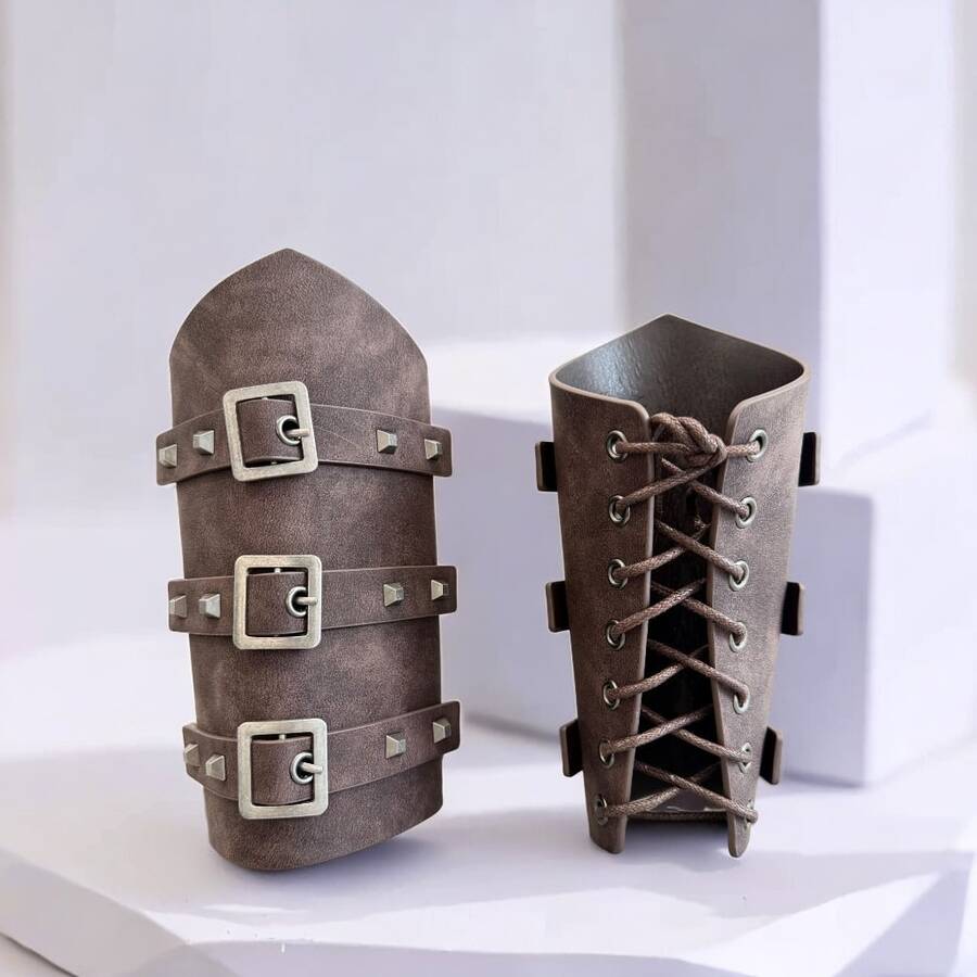 1pc Medieval Knight Prop Leather Handmade Rivet Wristband, Punk Gothic Cosplay Outfit Accessory (Order 2pcs For A Pair) Halloween - Black - View 1