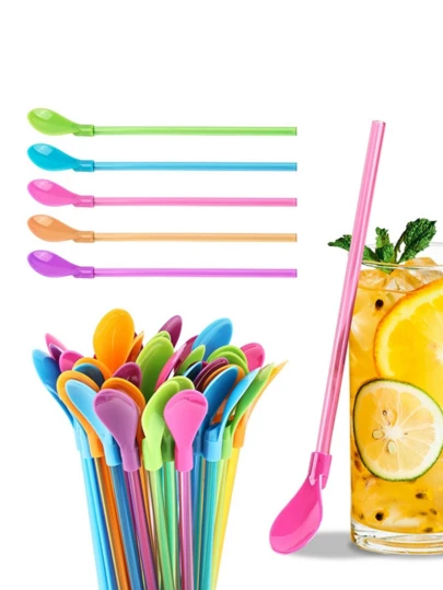 5/10pcs Creative Reusable Straw Spoons - Made Of PP Material, Suitable For Milkshakes, Smoothies, Bubble Tea, Iced Coffee - Great For Home, Camping, Picnic, Bar Party, Party Supplies, Birthday, Wedding, Holiday Celebration, Kitchen, School Supplies