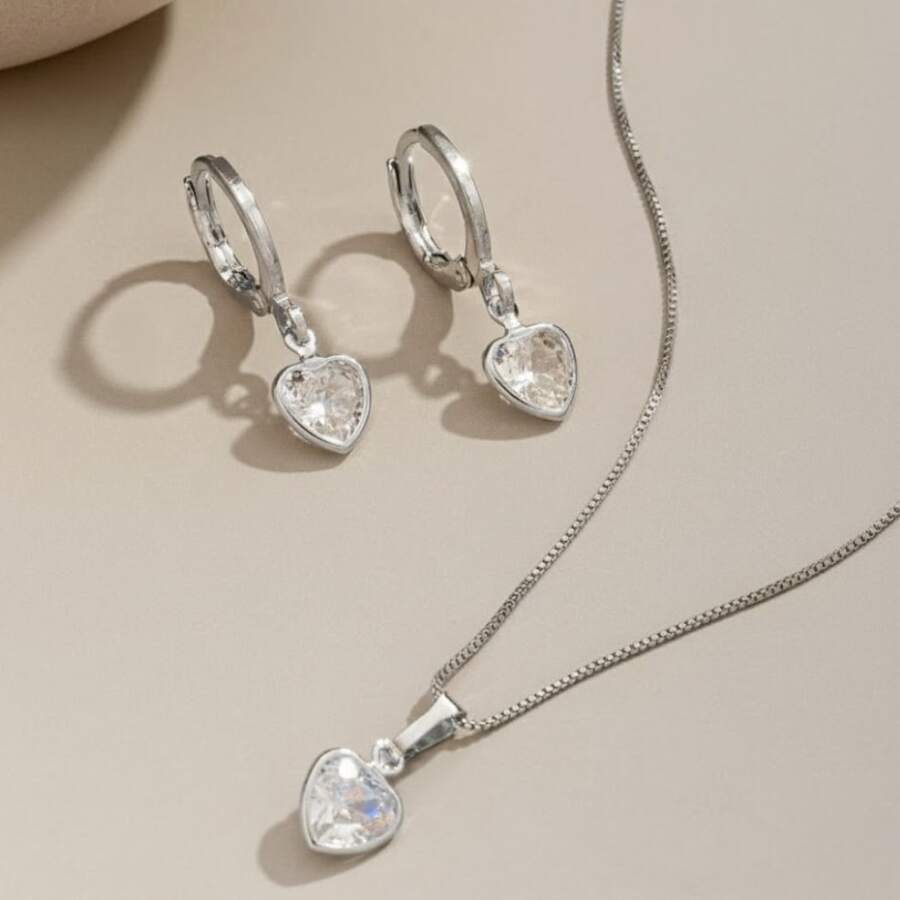 Gold-Tone Crystal Zirconia Heart Necklace And Earring Set - Màu Bạc Cổ - Xem 1