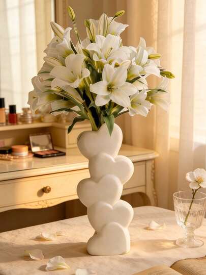 1 szt. biały wazon w kształcie serca do układania w stosy ze sztucznym bukietem białych lilii - skandynawska, minimalistyczna dekoracja domu, odpowiednia na stół w salonie, toaletkę w sypialni i prezent na Walentynki, do dekoracji pokoju, domu, dekoracji urodzinowych, kuchni, wesel, dekoracji sypialni, dekoracji salonu, prezentu, dekoracji na imprezę.