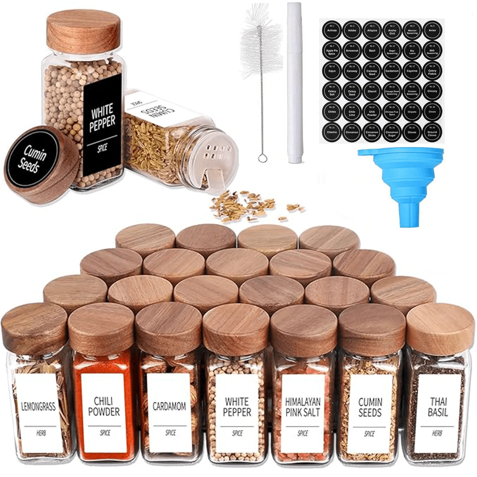 24 Spice Containers With Funnel, Plastic Spice Bottles, Spice Jars With Labels, Spice Containers For Spice Racks, Drawers And Cabinets Spice Jars For Spice, Herbs And Seasoning Powders, Indoor/Outdoor Use - BBQ Accessories, Camping Essentials, Outdoor Wedding Party Birthday Christmas Gifts Bamboo/Wood/Glass Spice Jar Set Collapsible Funnel, Spice Storage Bottle, Christmas Party Supplies, Family Dinner - Trong sáng - Xem 1