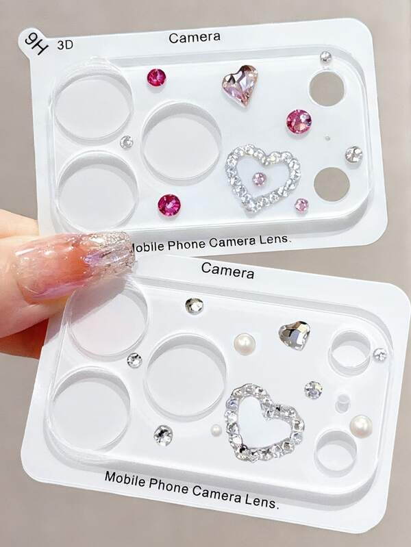 适用于 17 Pro Max 和 17 Pro 系列的可爱闪亮 3D 粉色爱心钻石珍珠透明玻璃镜头保护膜，时尚女孩镜头保护膜配件