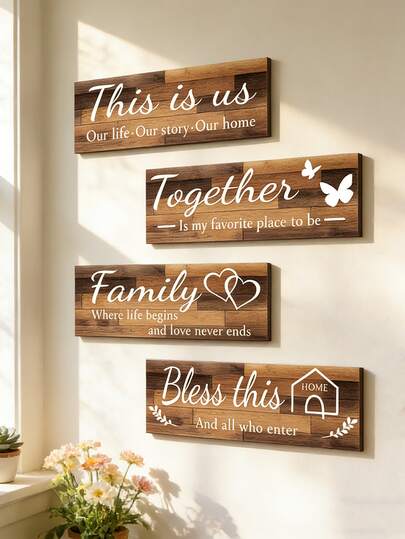 4pcs Rustic Wooden Family Wall Sign Set, Inspirational Quote Wall Art, Farmhouse Living Room & Entryway Decor, "This Is Us", "Together", "Family", "Bless This Home" Wall Plaque, Boho Rustic Home Accent, Housewarming & Family Gift, Home Decor For Entryway, Dining Room & Bedroom