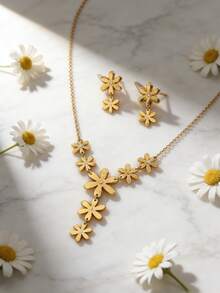 VceTd 1 Set de joyería de acero inoxidable lujosa y elegante con diseño de colgante floral con incrustaciones de vidrio, adecuada para la vida diaria de las mujeres, bodas, compromisos, regalos del Día de San Valentín o regalos del Día de la Madre - Amarillo Oro - Ver 9