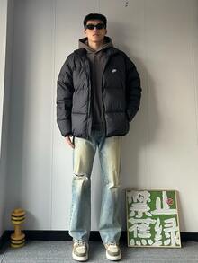 Nike Sportswear Club Therma-FIT Down Jacket With Logo Lettering, Warm Stand Collar, Loose Fit, Men's Style - Black - View 4