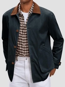Runcati Men's Spring Vintage Military Cotton Barn Jacket Lightweight Button Down Casual Pockets Outdoor Outwear - 藏蓝色 - 查看 2