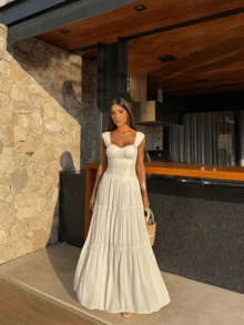 Elegant Women's Maxi Dress With A Flared Skirt And Ruffle Detail, A Viscose Linen Party Dress With A Corset Effect. - trắng - Xem 3
