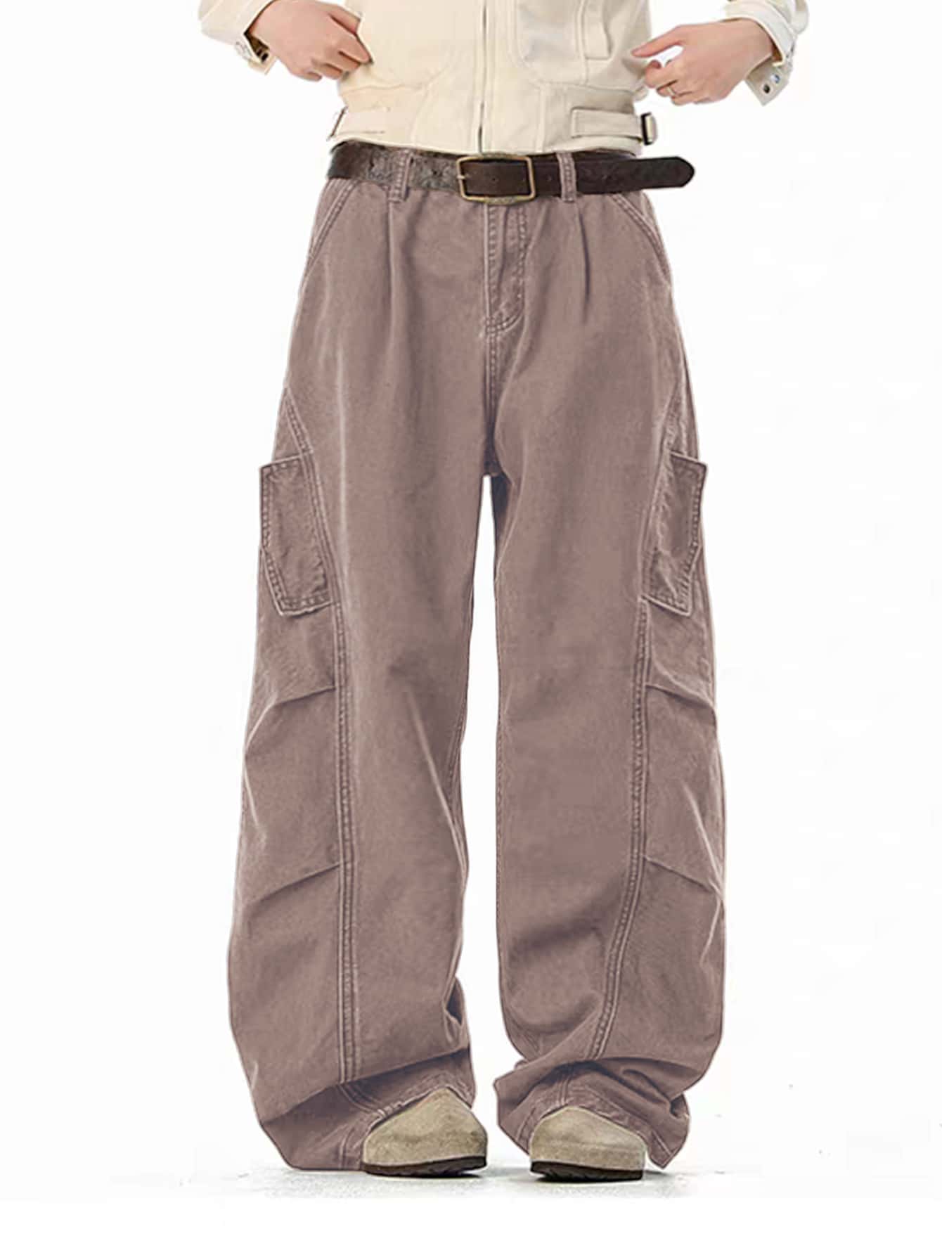 1件宽松褶裥阔腿休闲裤，100%纯棉，解构式宽松版型，春夏款 - 卡其色 - 查看 1