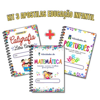 Combo atividades de Alfabetização Infantil COMPLETO. 3 Apostilas: Caligrafia, Português e Matemática - A5