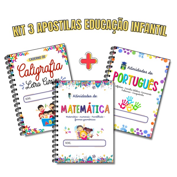 Combo atividades de Alfabetização Infantil COMPLETO. 3 Apostilas: Caligrafia, Português e Matemática - A5