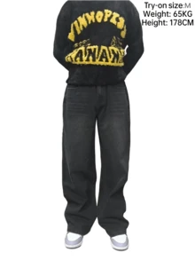 1 件宽松休闲宽松男友风牛仔裤，百搭情侣款 - 黑色 - 查看 6