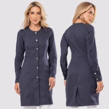 Women's Long Sleeve Button Gabardine Lab Coat Oli - Navy Blue - View 1