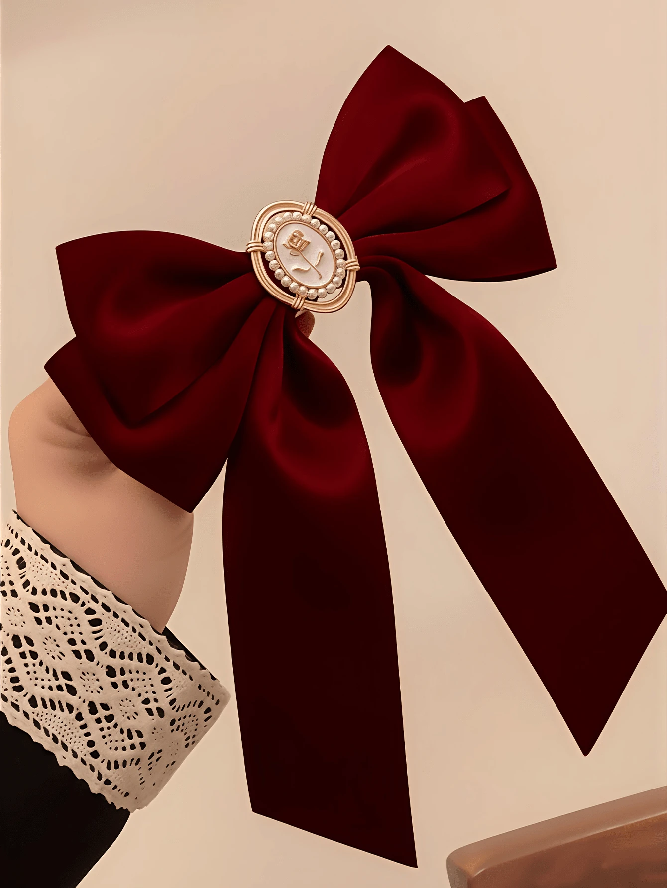 1个大号酒红色缎面蝴蝶结发夹，复古仿珍珠玫瑰浮雕法式发夹，酒红色长丝带发夹，红色蝴蝶结发饰，适合女孩，可作为婚礼、情人节礼物、发夹、发卡、发卡、头饰、发簪、母亲节礼物 - 酒紅色 - 查看 1