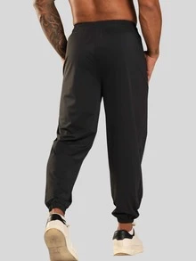 Men's Tactel Jogger Pants With Elastane, Gym Training, Elastic Waistband, Drawstring, And Functional Pocket - Black - View 4