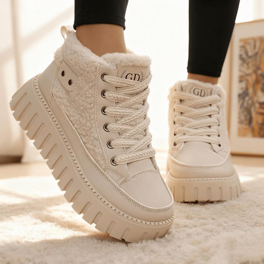 Autumn And Winter Fashion Casual Lamb Wool Lined High-Top Shoes, Faux Leather Patchwork Color-Block Metal Decor Lace-Up Platform Wedge Women's Shoes, Warm And Comfortable - 卡其加絨款 - 查看 1