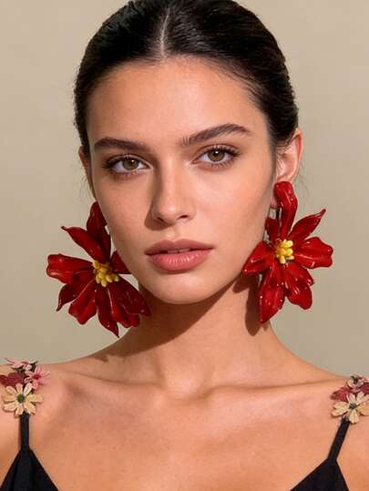 1对波西米亚风夸张花卉耳环，时尚度假风女士耳环