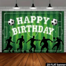 2D Football Theme Birthday Party Backdrop, Green Grass Pitch Pattern With Golden Trophy, Football Balloons, Colorful Confetti Banner, Suitable For Birthday Party Photography Decoration, Indoor And Outdoor Use, Durable Polyester Material - Green - View 4