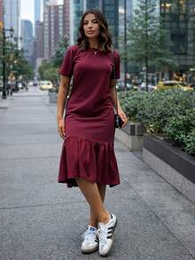 Women's Midi Dresses With Short Sleeves And Ruffles, Elegant, Chic, Casual, Premium Cotton - Gỗ đỏ - Xem 1