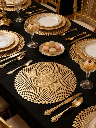1/4/6 piezas Manteles individuales redondos minimalistas de PVC dorado, lavables, fáciles de limpiar, se limpian con un paño, antideslizantes, decoración de mesa de fiesta de boda y celebración