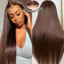 200% 密度蕾丝前假发，真人发混纺，赠送直发假发，棕色直发，5x5、4x4、13x4、13x6 高清蕾丝闭合假发，真人发混纺，预先拔毛，带婴儿绒毛，巴西原生直发真人发混纺假发，自然发际线，无需胶水，百搭日常佩戴 - 棕色 - 查看 4