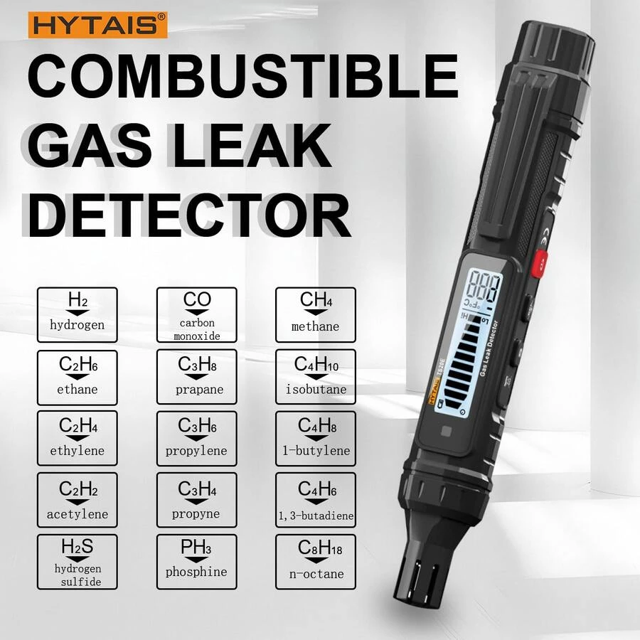 HYTAIS 1 pezzo Analizzatore di gas, Rilevatore di perdite di gas, Rilevatore di gas combustibili, Rilevatore di perdite di gas infiammabili ad alta sensibilità, Rilevatore portatile di gas infiammabili avanzato 0-10.000 PPM con allarme sonoro forte e luce luminosa, Design compatto di grado industriale, Finitura nera durevole, Facile da usare