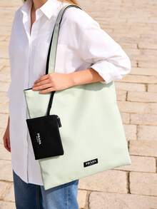 Prada Bolso de lona, verde y negro, bolso cosmético de gran capacidad, cierre con cremallera superior, correa para el hombro, reversible - Negro y verde - Ver 4