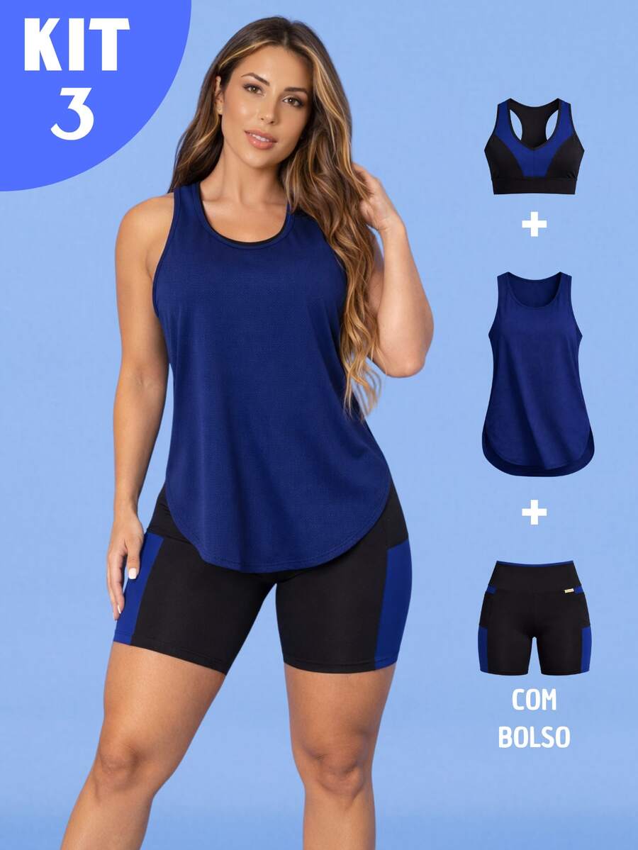 Kit Of 3: Women's Fitness Set - Top, Shorts, Pocket Tank Top, Dry Fit, Gym - Tarelles - Màu xanh hải quân - Xem 1