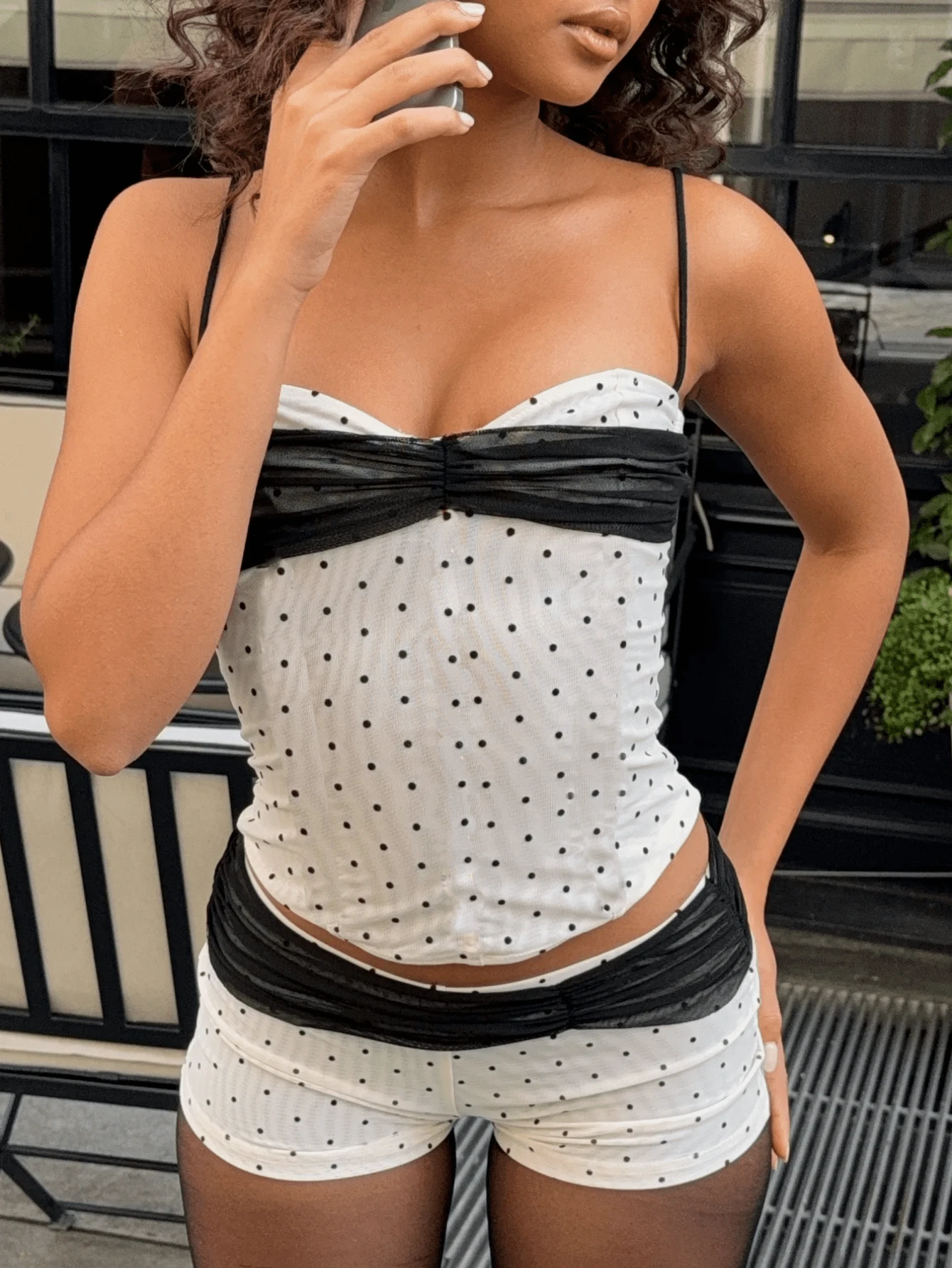 Womens  2 Piece Sets Sleeveless Polka Dots Print Ruched Mesh Cami Tops + Shorts Outfit Spring/Summer Retro Sweet-Spicy Style Slim Fitted Going Out Outfit Casual Streetwear - 白色 - 查看 1
