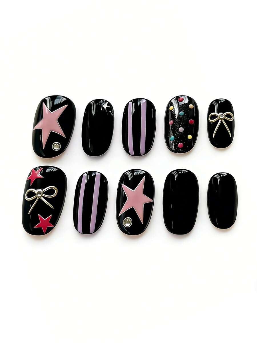 10片纯手工制作的中长椭圆形美甲贴片，黑色和粉色纯色，带有星星、蝴蝶结和圆点图案，可爱又百搭，适合女性和女孩，春夏秋冬皆宜，节日和日常生活均可使用。 - 黑色 - 查看 1