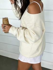 1pcs 3d Pattern Patch Off-Shoulder Long-Sleeved Sweatshirt, Sailboat Pattern, One-Shoulder Pullover, Autumn And Winter New Style, Women's Clothing - 淡黃色 - 查看 4