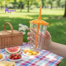 10 Crystal Twister Glasses 400ml, Transparent With Lid And Colorful Straw - Orange - View 3