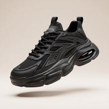 Tenis de hombre y tenis para hombre de estilo deportivo casual con malla transpirable y diseño moderno. Calzado tipo sneakers con suela de EVA gruesa de plataforma, ligeros y cómodos para caminar. Zapatos para hombre con cordones, suela antideslizante y amortiguación suave. Sneakers tipo chunky de moda urbana, transpirables y versátiles para el día a día. - Negro - Ver 11