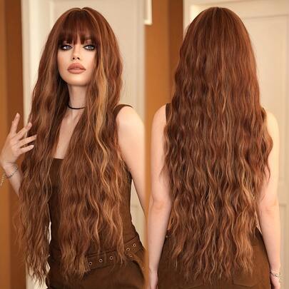 Elegant Coppery Brown 1pc High Density 150% Long Loose Wave Synthetic Wig With Bangs - 26'35.43 Inches, Heat Resistant High Temperature Fiber, Rose Net Cap, Water Wave Curl For Women Daily And Party Use