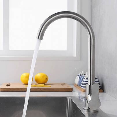 A Stainless Steel Kitchen Faucet Featuring 360-Degree Rotation, A Detachable Design, An Elegant Brass Base, And A Brushed Finish. Suitable For Single-Hole Sinks, It Provides Both Hot And Cold Water.