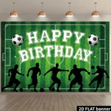2D Football Theme Birthday Party Backdrop, Green Grass Pitch Pattern With Golden Trophy, Football Balloons, Colorful Confetti Banner, Suitable For Birthday Party Photography Decoration, Indoor And Outdoor Use, Durable Polyester Material - Green - View 2