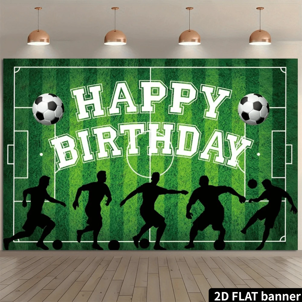 2D Football Theme Birthday Party Backdrop, Green Grass Pitch Pattern With Golden Trophy, Football Balloons, Colorful Confetti Banner, Suitable For Birthday Party Photography Decoration, Indoor And Outdoor Use, Durable Polyester Material