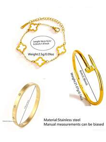 3件套经典优雅四叶草水晶装饰不锈钢链手链套装，镂空花卉饰品，适合女性日常、节日、情人节、家庭佩戴，高品质礼品饰品 - 金黃色 - 查看 11