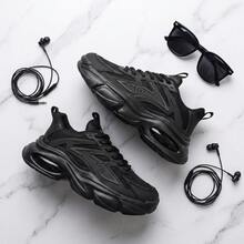 Tenis de hombre y tenis para hombre de estilo deportivo casual con malla transpirable y diseño moderno. Calzado tipo sneakers con suela de EVA gruesa de plataforma, ligeros y cómodos para caminar. Zapatos para hombre con cordones, suela antideslizante y amortiguación suave. Sneakers tipo chunky de moda urbana, transpirables y versátiles para el día a día. - Negro - Ver 3