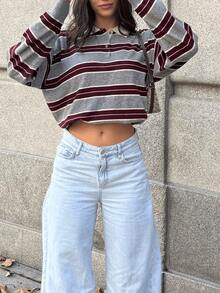 HZXVIC 2026 New Retro Contrast Striped Polo Collar Casual Versatile Knit Sweater Spring - Grey - View 4