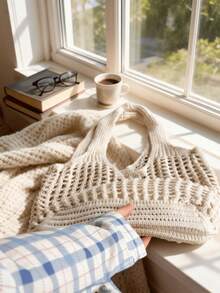 Lightweight Casual Women's Minimalist Large Capacity Hollow Knitted Tote Bag, Crochet Woven Bag, Beach Bag, Travel Essential, Extra Large Capacity Handbag, White Shoulder Bag, Women's Bag, Large Capacity Tote, Travel Backpack, Travel Essential, Suitable For Spring Outfits, Valentine's Day/Mother's Day Gift - Beige - View 4