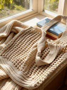 Lightweight Casual Women's Minimalist Large Capacity Hollow Knitted Tote Bag, Crochet Woven Bag, Beach Bag, Travel Essential, Extra Large Capacity Handbag, White Shoulder Bag, Women's Bag, Large Capacity Tote, Travel Backpack, Travel Essential, Suitable For Spring Outfits, Valentine's Day/Mother's Day Gift - Beige - View 3