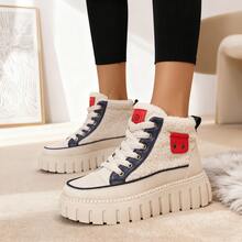 Autumn And Winter Fashion Casual Lamb Wool Lined High-Top Shoes, Faux Leather Patchwork Color-Block Metal Decor Lace-Up Platform Wedge Women's Shoes, Warm And Comfortable - 藍色加絨款 - 查看 3