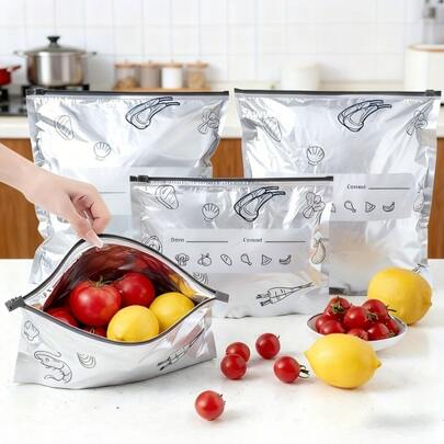 10/60个装可重复使用铝箔食品保鲜袋 | 加厚耐用冷冻自封袋，三种尺寸可选 | 防漏气密抗菌密封，适用于冰箱/冷冻室/微波炉，非常适合储存水果、蔬菜、肉类，健康餐食准备，日常食品保鲜，以及节日食品储备。